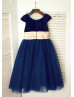 Navy Blue Velvet Tulle Tea Length Flower Girl Dress